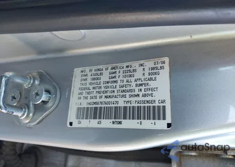 2007 Honda Accord 2.4 Ex из США, поврежденный, VIN 1HGCM56767A001470